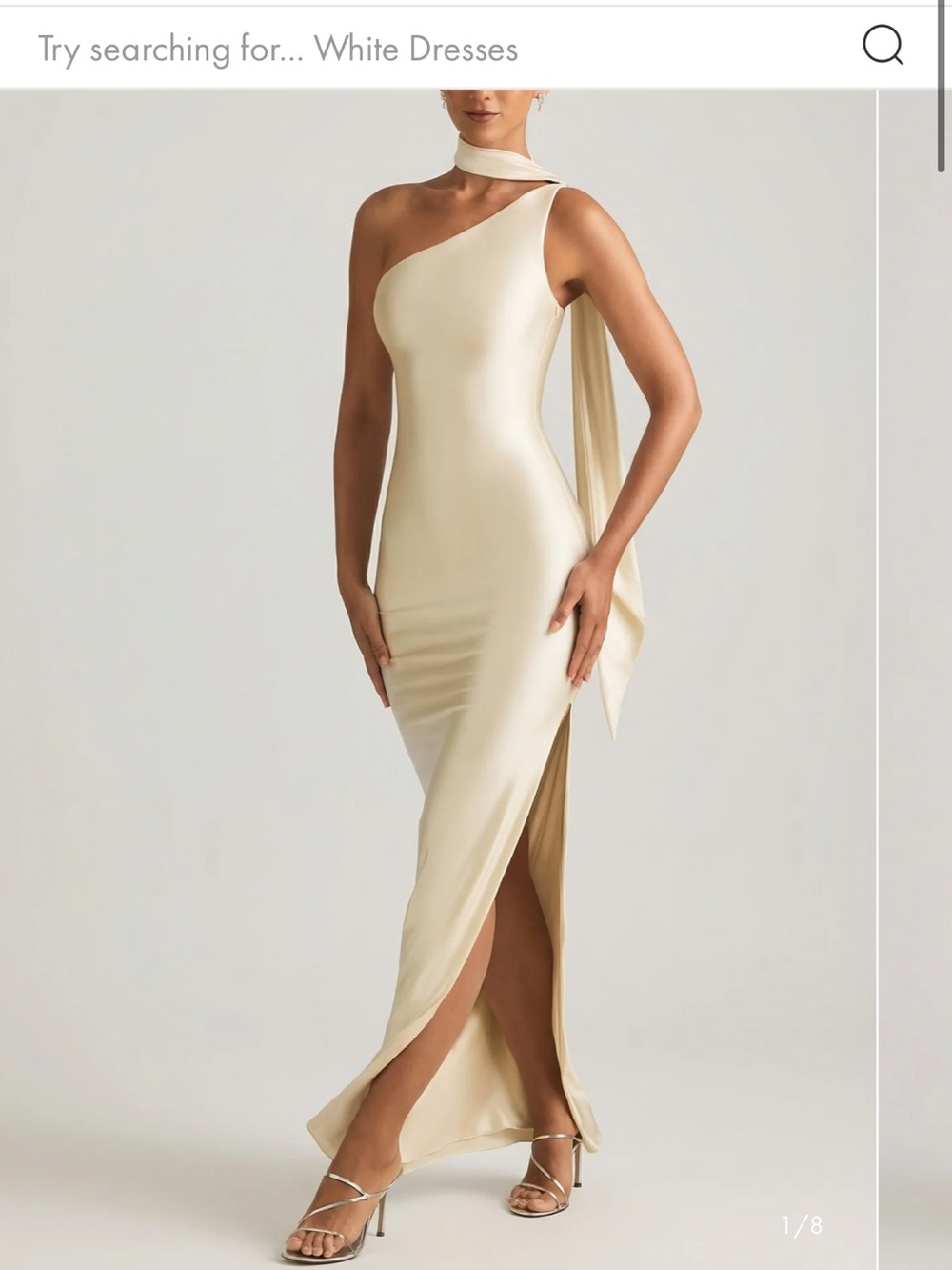 Oh Polly One-Shoulder Cream Satin Maxi Dress with Side Slit